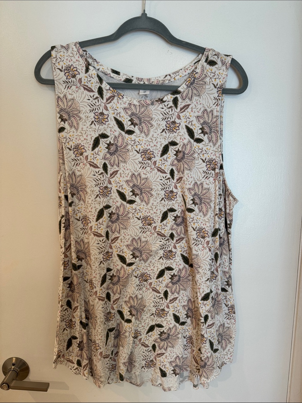 Sleeveless Floral Tank Top - Cream with Purple & Green Floral Print